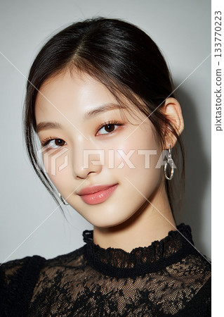 一幅美麗的肖像畫，畫中人戴著華麗的耳環，穿著粉紅色套裝。 133770223