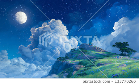 一輪滿月，一座懸崖漂浮在雲海之上。 133770260