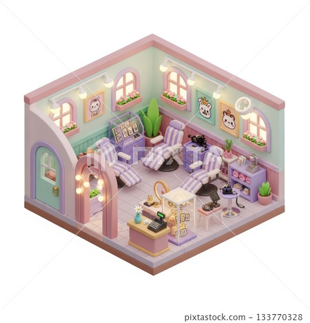 Cute 3D Cartoon Tattoo Parlor Interior Design with Pastel Color Palette Cute 3D Cartoon Tattoo Parlor Interior Design with Pastel Color Palette 133770328