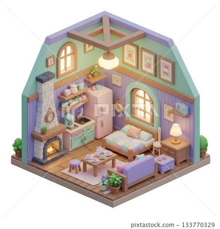 Cozy Tiny Cottage in 3D Cartoon Style with Pastel Colors and Soft Lighting Cozy Tiny Cottage in 3D Cartoon Style with Pastel Colors and Soft Lighting 133770329
