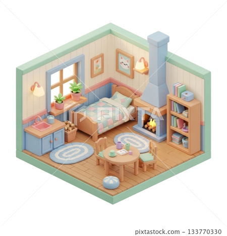 Charming Tiny Cottage Interior in Soft Pastel Colors and 3D Style Charming Tiny Cottage Interior in Soft Pastel Colors and 3D Style 133770330