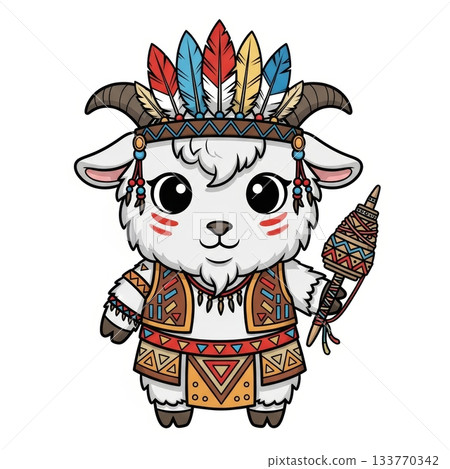 Cute Chibi Angora Goat in Tribal Warrior Attire with Feather Headdress 133770342