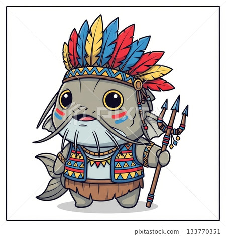 Cute Chibi Catfish in Tribal Warrior Attire with Colorful Headdress Cute Chibi Catfish in Tribal Warrior Attire with Colorful Headdress 133770351