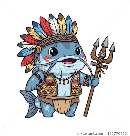 Adorable Catfish Character in Tribal Warrior Costume with Headdress 133770352