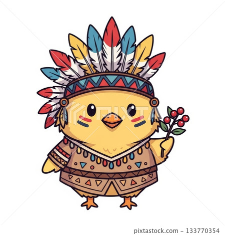 Cute Chibi Chick in Tribal Warrior Attire with Colorful Headdress 133770354