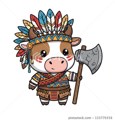 Cute Chibi Cow in Tribal Warrior Attire with Colorful Feathers Cute Chibi Cow in Tribal Warrior Attire with Colorful Feathers 133770358