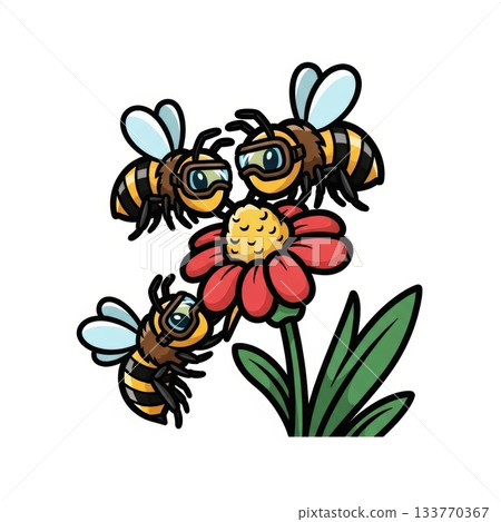 Cute Bees Collecting Nectar from Flower with Tiny Goggles in Kawaii Style Cute Bees Collecting Nectar from Flower with Tiny Goggles in Kawaii Style 133770367