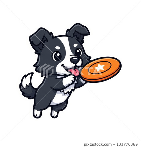 Cute Border Collie Catching Frisbee in Mid Air Vector Illustration 133770369