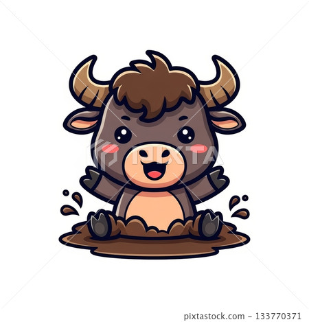 Happy Buffalo Enjoying a Mud Bath in Kawaii Style Vector Illustration Happy Buffalo Enjoying a Mud Bath in Kawaii Style Vector Illustration 133770371