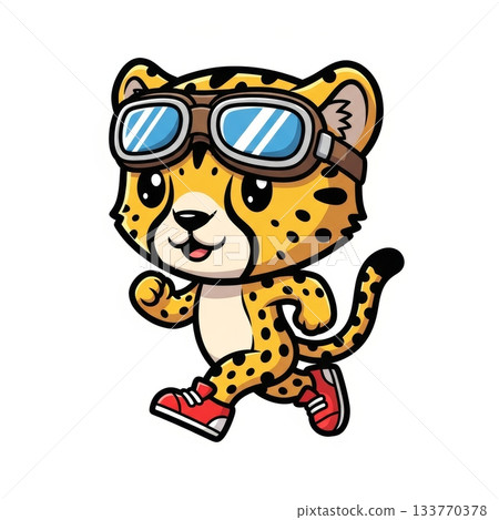 Cute Cheetah Character in Running Shoes and Aviator Goggles Design Cute Cheetah Character in Running Shoes and Aviator Goggles Design 133770378