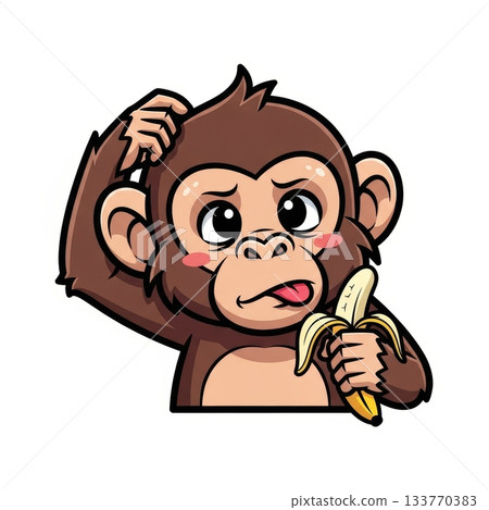 Thoughtful Chimpanzee Scratching Head with Banana in Kawaii Style 133770383