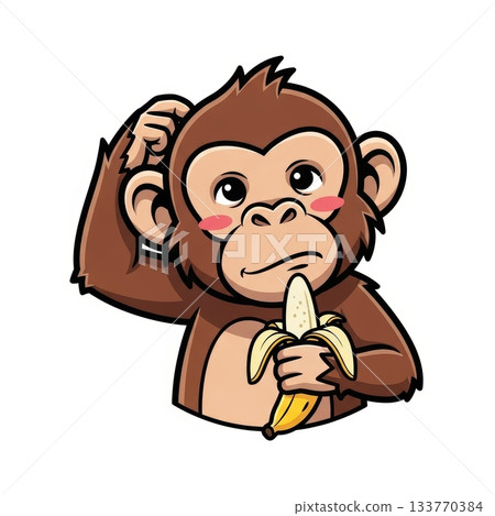 Thoughtful Chimpanzee Scratching Head with Banana in Hand Illustration 133770384