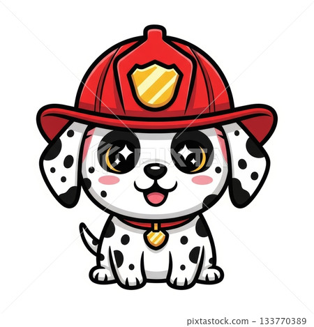 Adorable Dalmatian Puppy in Firefighter Helmet Vector Illustration 133770389
