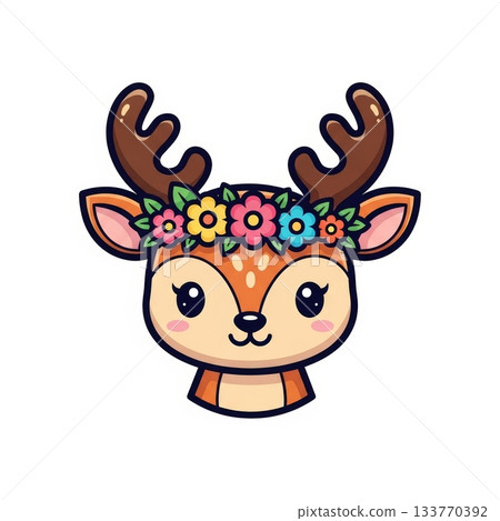 Cute Deer with Flower Crown on Antlers in Vibrant Kawaii Style 133770392
