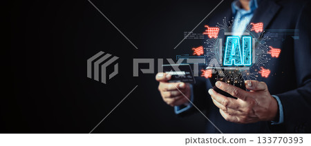 businessman hold a credit card and smartphone display glowing AI and shopping cart icons, symbol artificial intelligence integration in online shopping, digital payment, and smart e-commerce systems. businessman hold a credit card and smartphone display glowing AI and shopping cart icons, symbol artificial intelligence integration in online shopping, digital payment, and smart e-commerce systems. 133770393