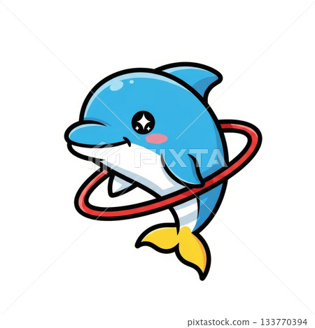 Cute Dolphin Jumping Through Hoop in Vibrant Flat Design Style 133770394