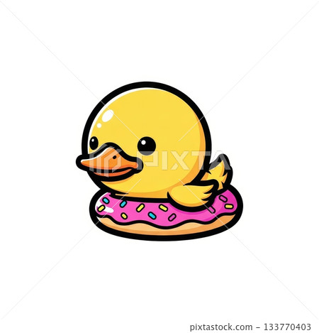 Cute Duckling Swimming with Inflatable Floatie in Kawaii Style Cute Duckling Swimming with Inflatable Floatie in Kawaii Style 133770403