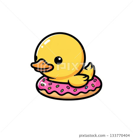 Adorable Duckling Swimming in a Pink Floatie - Kawaii Style Illustration 133770404