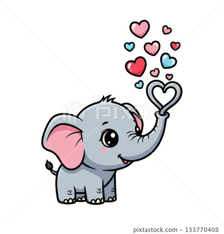 Cute Elephant Blowing Heart Shaped Bubbles in Kawaii Style Illustration 133770408