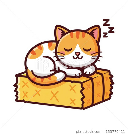 Cute Cat Sleeping on Hay Bale in Kawaii Style Vector Illustration Cute Cat Sleeping on Hay Bale in Kawaii Style Vector Illustration 133770411