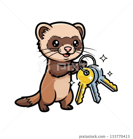 Playful Ferret Stealing Shiny Keys in Vibrant Kawaii Style Illustration 133770413