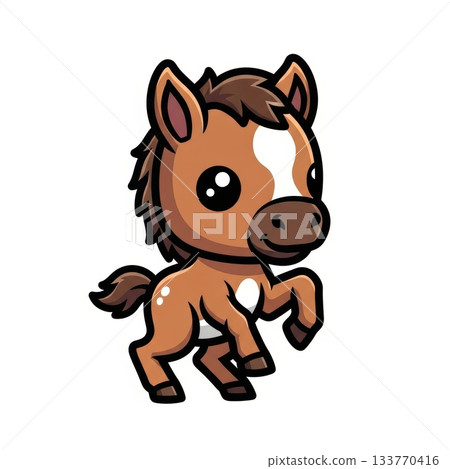 Adorable Foal Standing on Shaky Legs in Kawaii Illustration Style 133770416