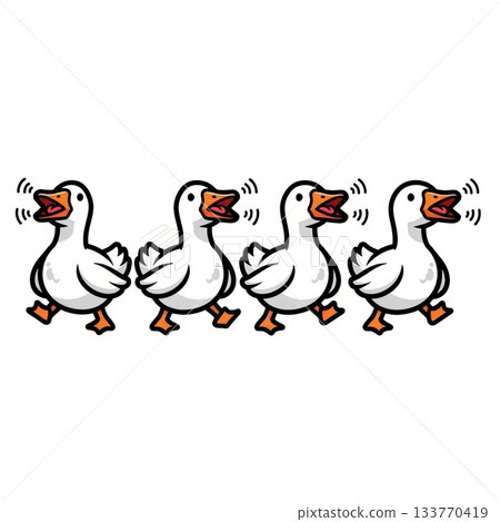 Adorable Geese Honking While Walking in Line - Kawaii Vector Art 133770419