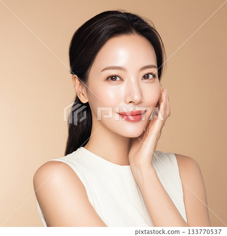 一張護膚圖片，以米色為背景，展現出和諧美麗的肌膚。 133770537