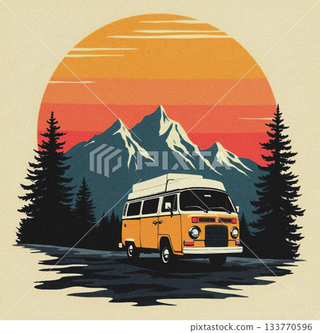 Yellow camper van driving on a road with mountains and sunset retro vintage Yellow camper van driving on a road with mountains and sunset retro vintage 133770596