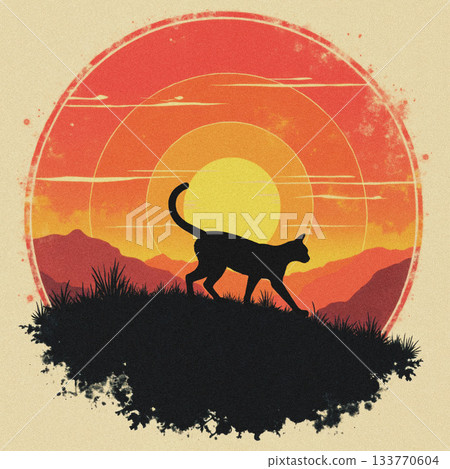 Black Cat Silhouette on Hilltop at Sunset walking circular 133770604