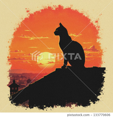 Black Cat Silhouette on Rooftop at Sunset skyline overlooking Black Cat Silhouette on Rooftop at Sunset skyline overlooking 133770606