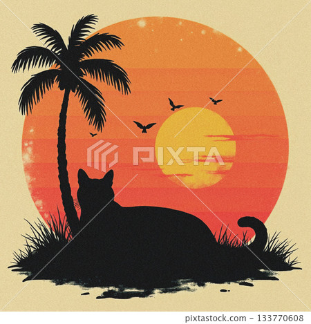 Black Cat Silhouette Under Palm Tree Against Sunset Sky image photo Black Cat Silhouette Under Palm Tree Against Sunset Sky image photo 133770608