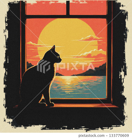 Black cat sitting on a windowsill looking out at a sunset over the water silhouette Black cat sitting on a windowsill looking out at a sunset over the water silhouette 133770609