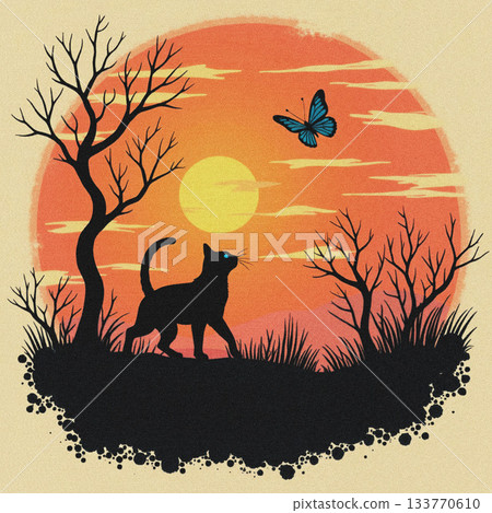 Black cat walking under trees with a butterfly at sunset silhouette 133770610