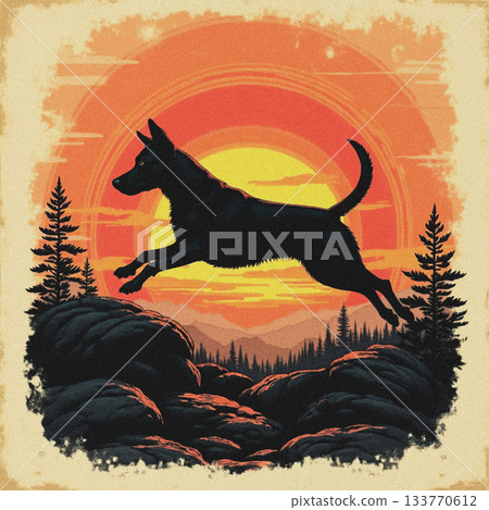 Black dog jumping over rocks with a sunset and forest background silhouette Black dog jumping over rocks with a sunset and forest background silhouette 133770612