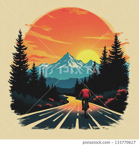 Cyclist on Road Through Forest Towards Mountain Sunset bicycle mountains Cyclist on Road Through Forest Towards Mountain Sunset bicycle mountains 133770627