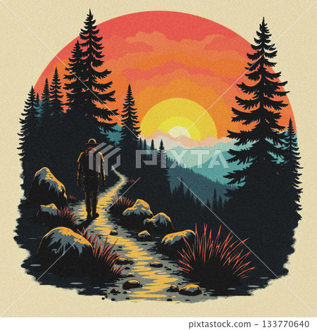 Hiker on forest trail at sunset with pine trees and mountains Keywords: hiker, silhouette, trail 133770640