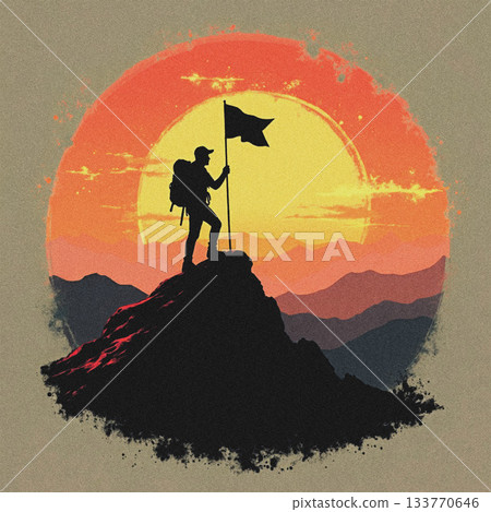 Hiker silhouette planting a flag on a mountain peak at sunset image photo 133770646
