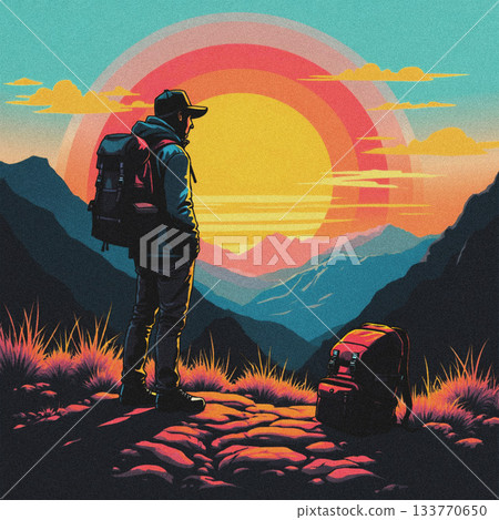 Hiker with backpack observing colorful sunset over mountain vista mountains landscape Hiker with backpack observing colorful sunset over mountain vista mountains landscape 133770650