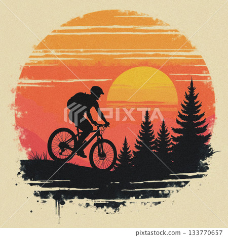 Mountain biker silhouette against a sunset with pine trees image photo 133770657