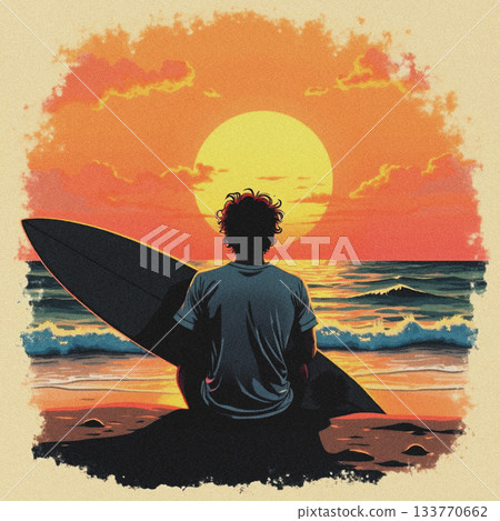 Person with surfboard sitting on beach watching sunset over the ocean silhouette Person with surfboard sitting on beach watching sunset over the ocean silhouette 133770662