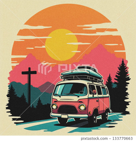 Pink and White Camper Van with Surfboard on Roof at Sunset Volkswagen vintage Pink and White Camper Van with Surfboard on Roof at Sunset Volkswagen vintage 133770663
