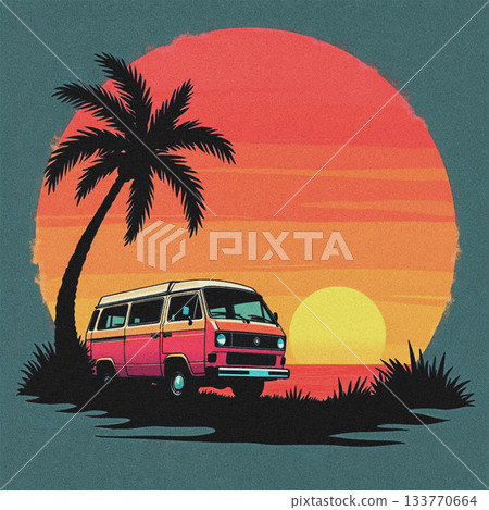 Pink and White Van Under Palm Tree at Tropical Sunset Beach Volkswagen vintage Pink and White Van Under Palm Tree at Tropical Sunset Beach Volkswagen vintage 133770664