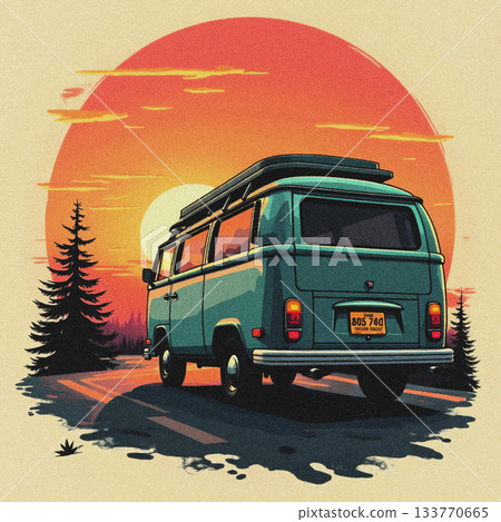 Rear View of Teal VW Camper Van on Road During Sunset vw bus volkswagen 133770665