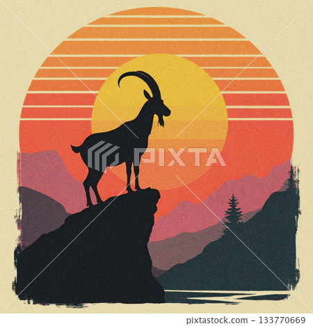 Silhouette Ibex Standing on Cliff Against Sunset Mountain Landscape goat 133770669