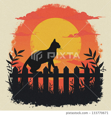 Silhouette of a cat perched on a fence at sunset evening Silhouette of a cat perched on a fence at sunset evening 133770671
