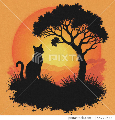 Silhouette of a cat sitting under a tree against a sunset grass 133770672