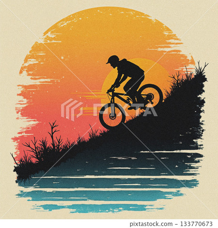Silhouette of a mountain biker riding downhill at sunset with water image photo 133770673
