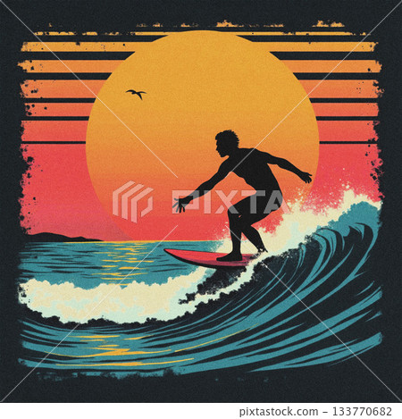 Surfer riding a wave with a large sun in the background silhouette ocean 133770682