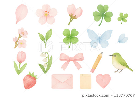 春季圖標集，包含花、樹葉、蝴蝶、草莓，可愛的水彩插圖 133770707